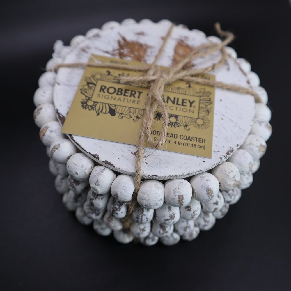 Robert Stanley wood bead coaster set of 4 white washed nwt